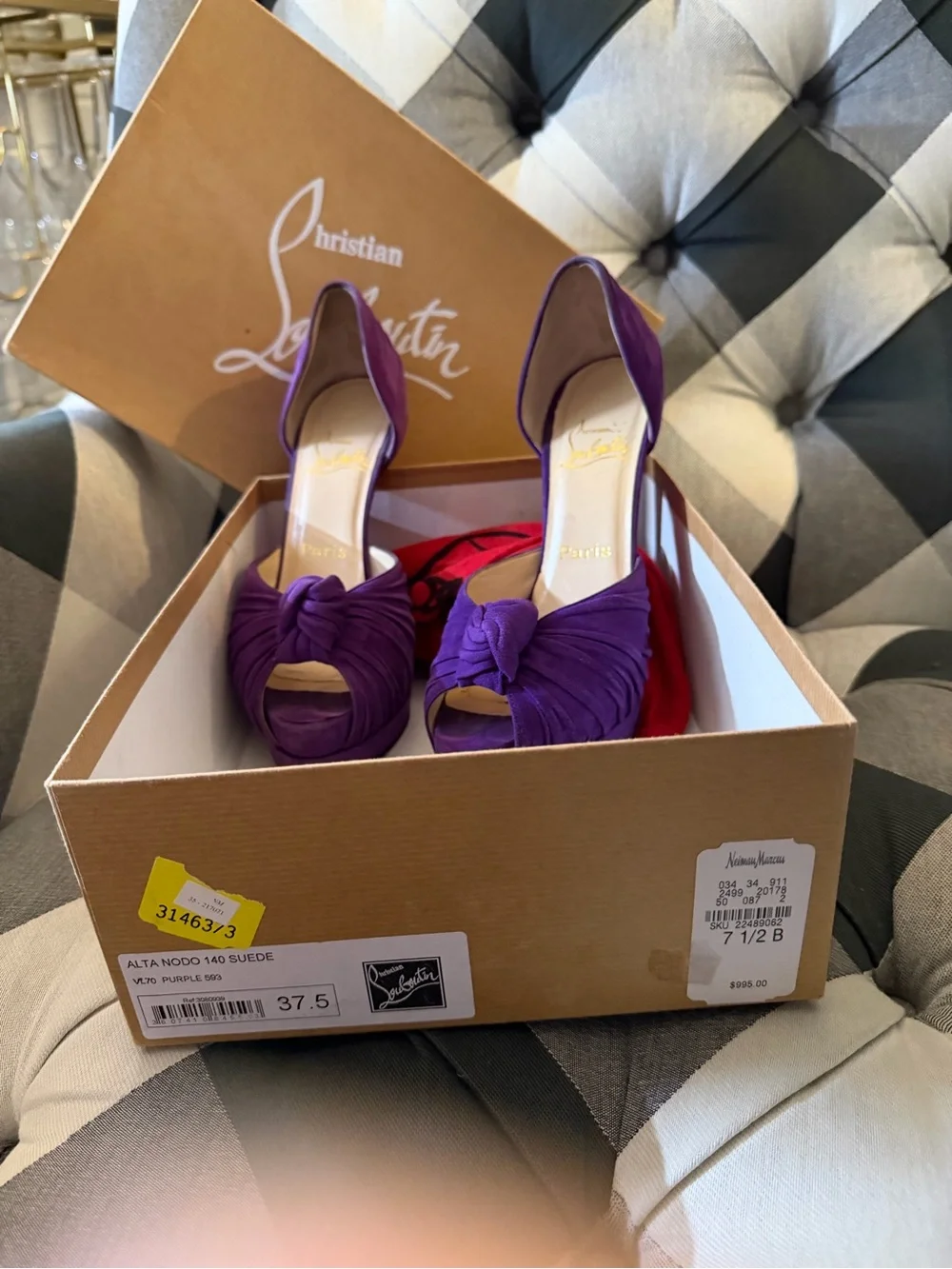 Christian Louboutin Alta Nodo Purple Suede Knot Platform D'Orsay Heels Pump 37.5